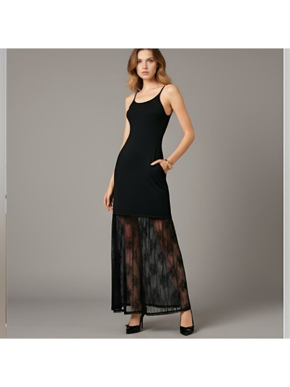 Ribbed Sleeveless Contrast Lace Minimalist Maxi Dress, Black